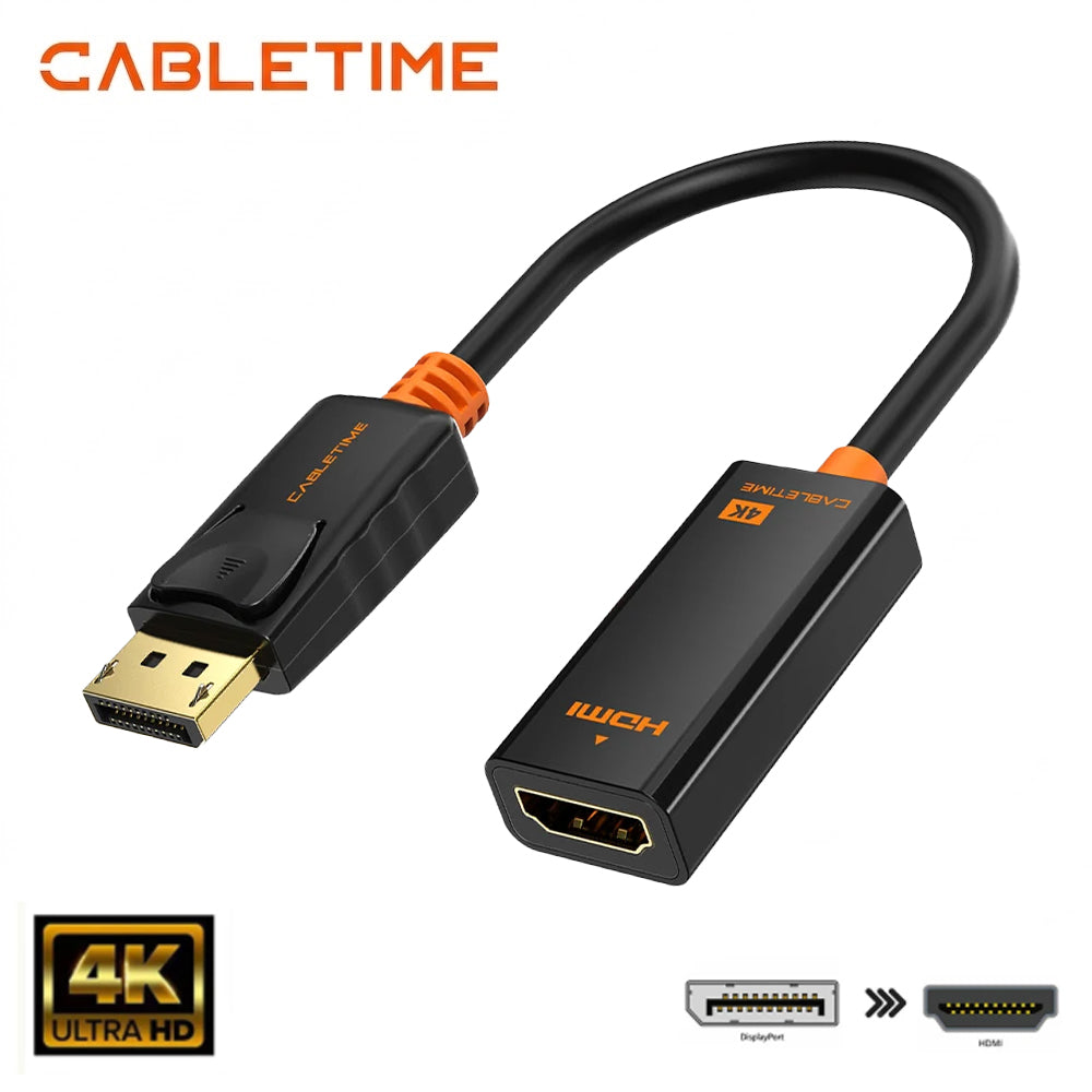 Adaptador DisplayPort a HDMI CABLETIME 4K 30Hz Seguro Latch Bañado en Oro PVC Negro/Naranja CP21B S2276