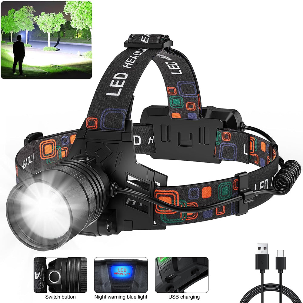 Linterna Frontal LED Recargable W519B 99000 Lúmenes Zoom Ajustable 90° IPX6 Batería 45H s2243