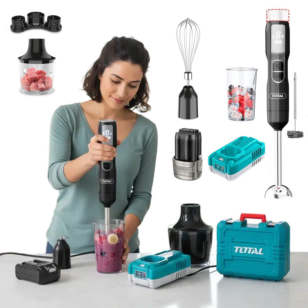 Set de Batidora de Mano Inalámbrica 16V TOTAL 5 Velocidades Picatodo 500ml Pantalla LED Batería 2.0Ah y Maletín TJB056K S2310