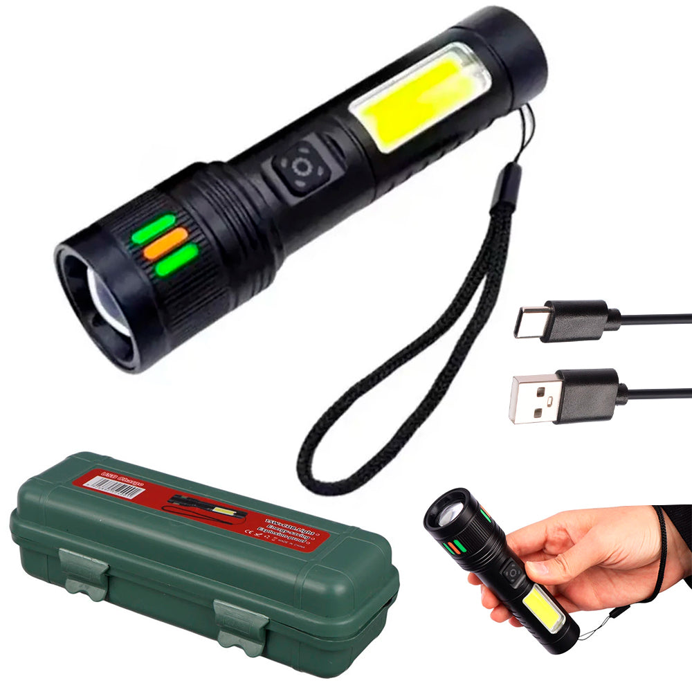 Linterna Táctica LED Recargable USB con Luz Lateral COB S2030