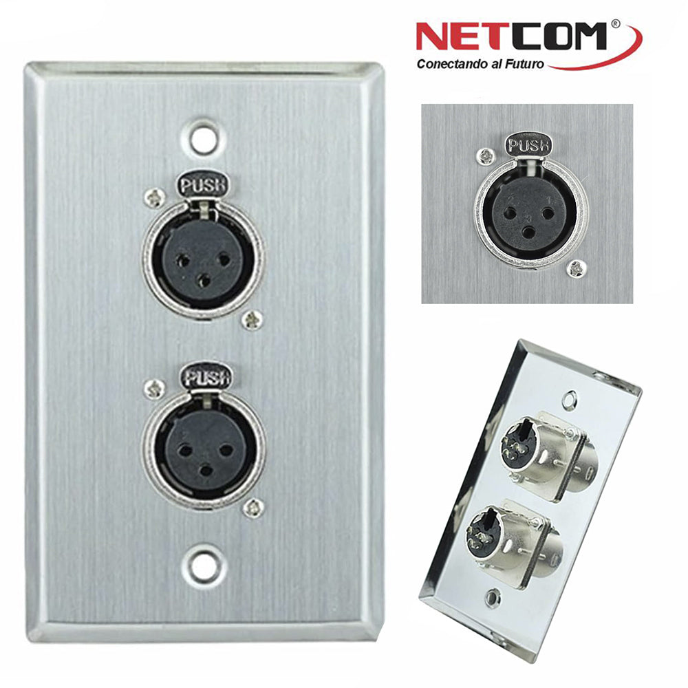 Placa de Pared Doble con 2 Conectores XLR Hembra de 3 Pines NETCOM Faceplate para Audio Profesional s2062