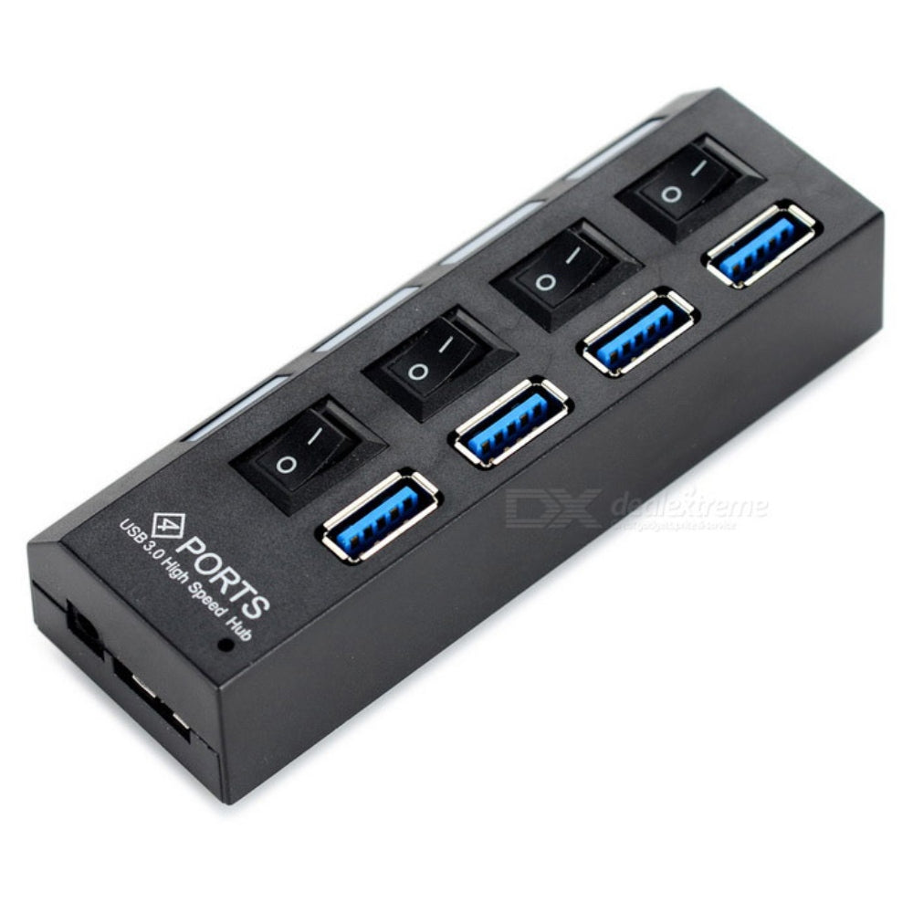 Hub 4 Puertos Independientes 3.0 USB Botón Encendido cada Puerto Negro S0061