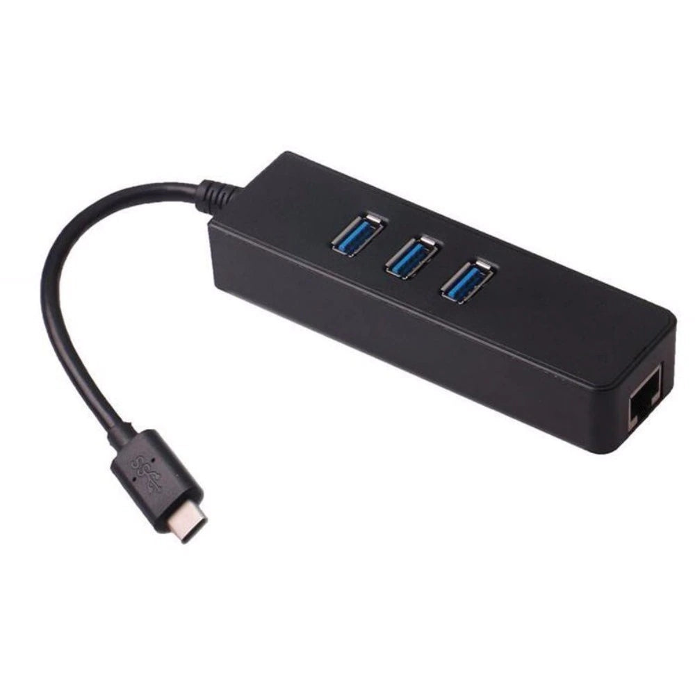 Adaptador USB 3.1 Tipo C a Rj45 USB LAN Ethernet + Hub 3 Puertos Negro S0270