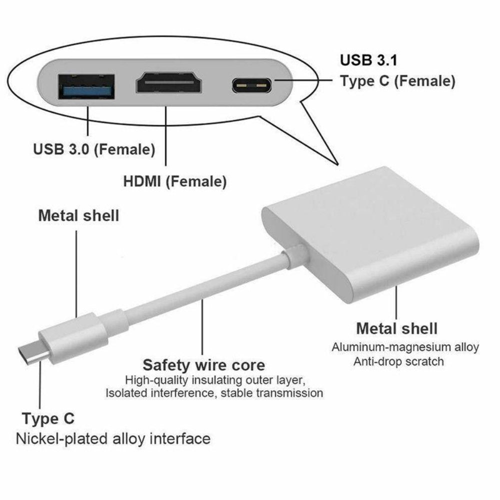 Convertidor Tipo C a HDMI 4K USB 3.0 Tipo C 3 en 1 Multiport Plateado S0277