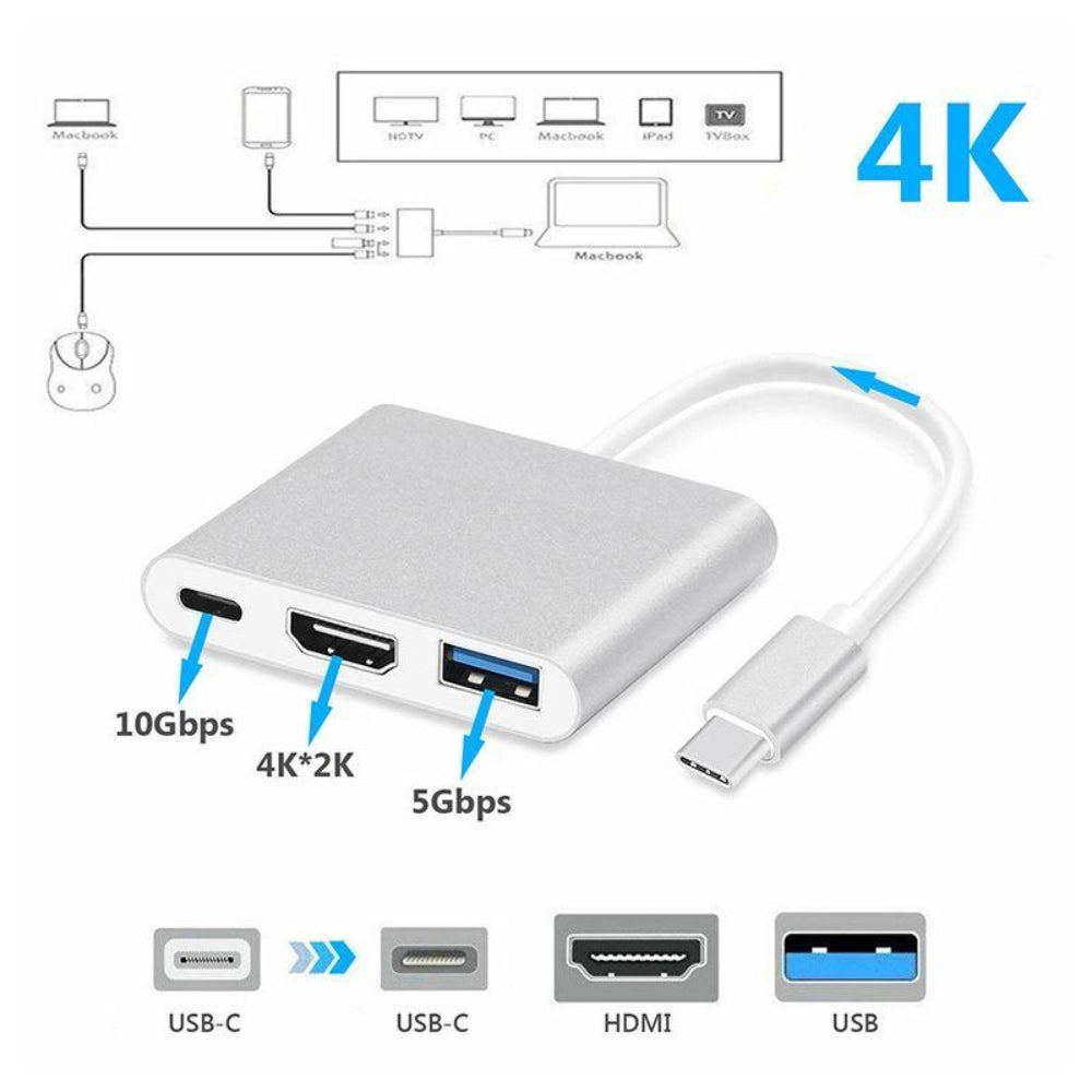 Convertidor Tipo C a HDMI 4K USB 3.0 Tipo C 3 en 1 Multiport Plateado S0277