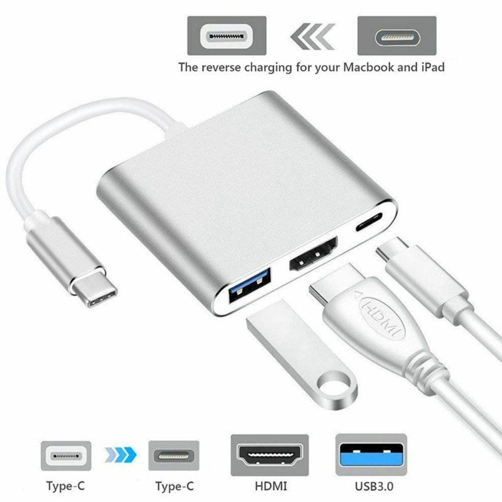 Convertidor Tipo C a HDMI 4K USB 3.0 Tipo C 3 en 1 Multiport Plateado S0277