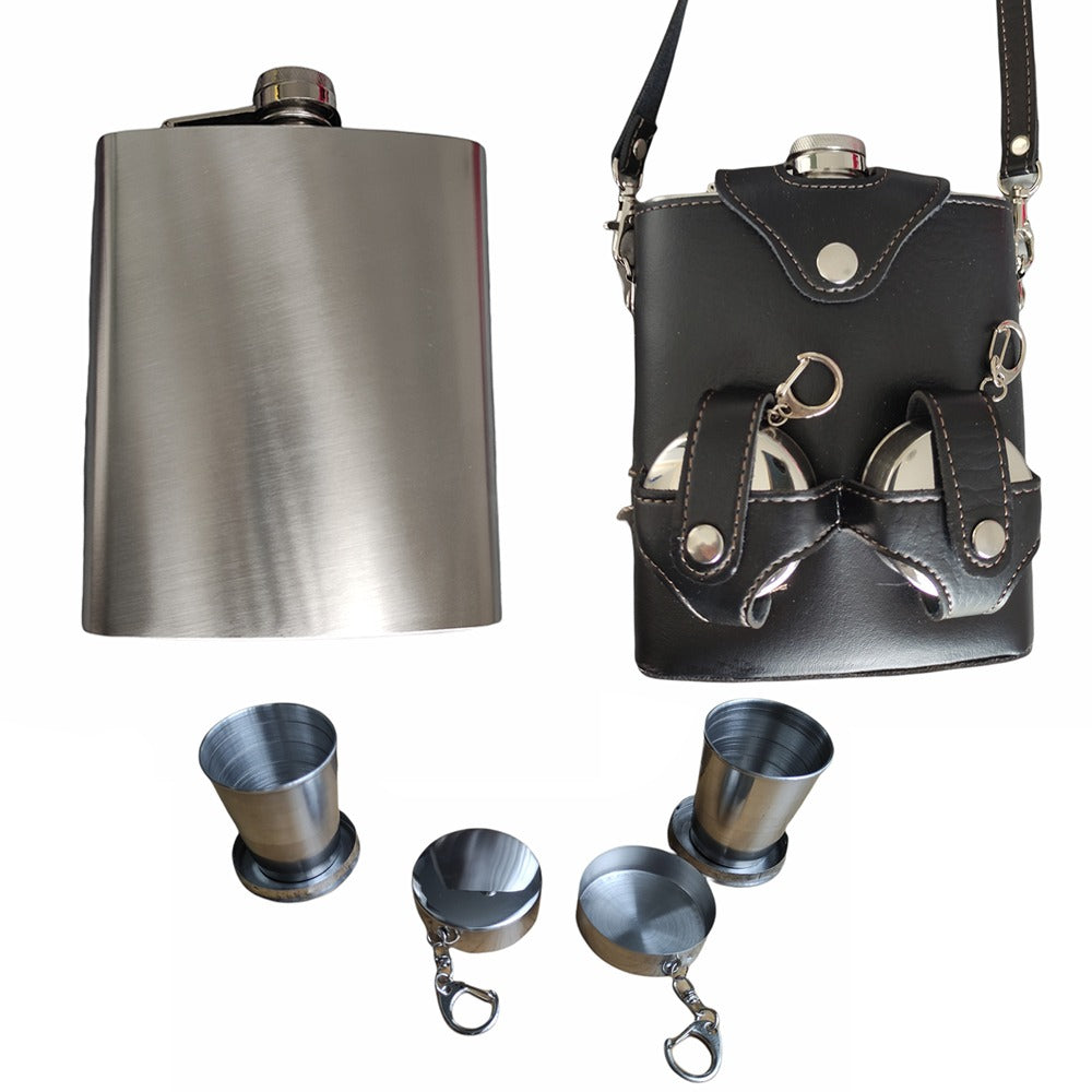 Licorera Acero Inoxidable 18 Oz Con Forro Cuero Con 2 Vasos Negro S0530-1