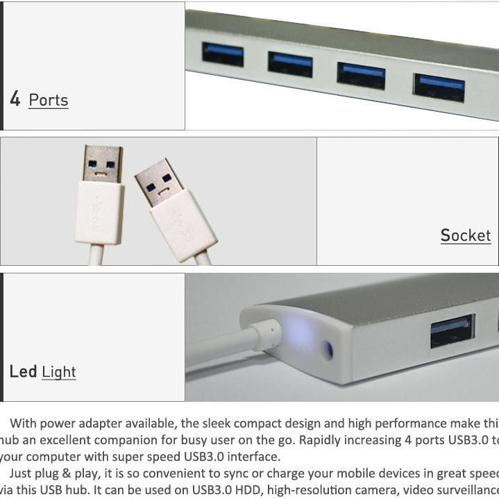 Hub 4 Puertos USB 3.0 5Gbps Aluminio con Indicador Led Eazy Plateado S0538-1