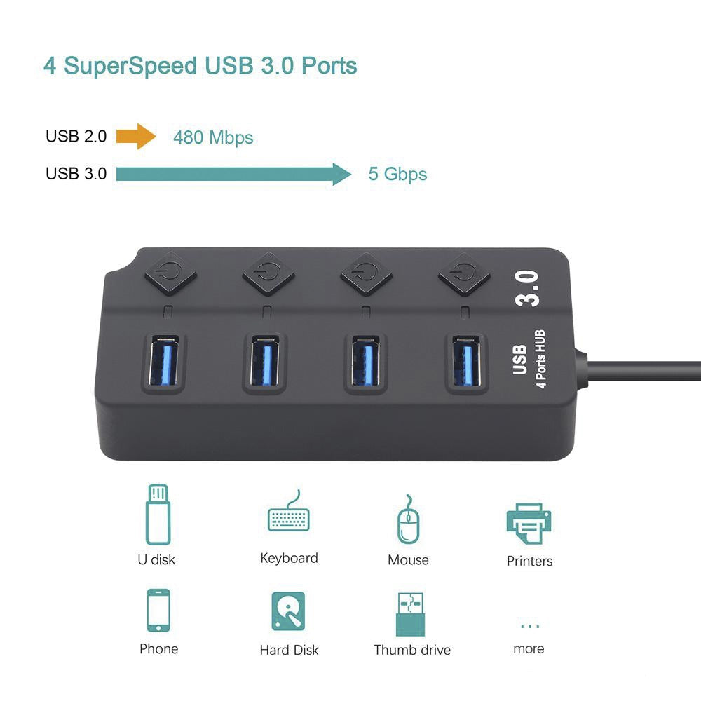 Hub 4 Puertos Independientes USB 3.0 Luz Led 5GBps Cable 30cm S0682