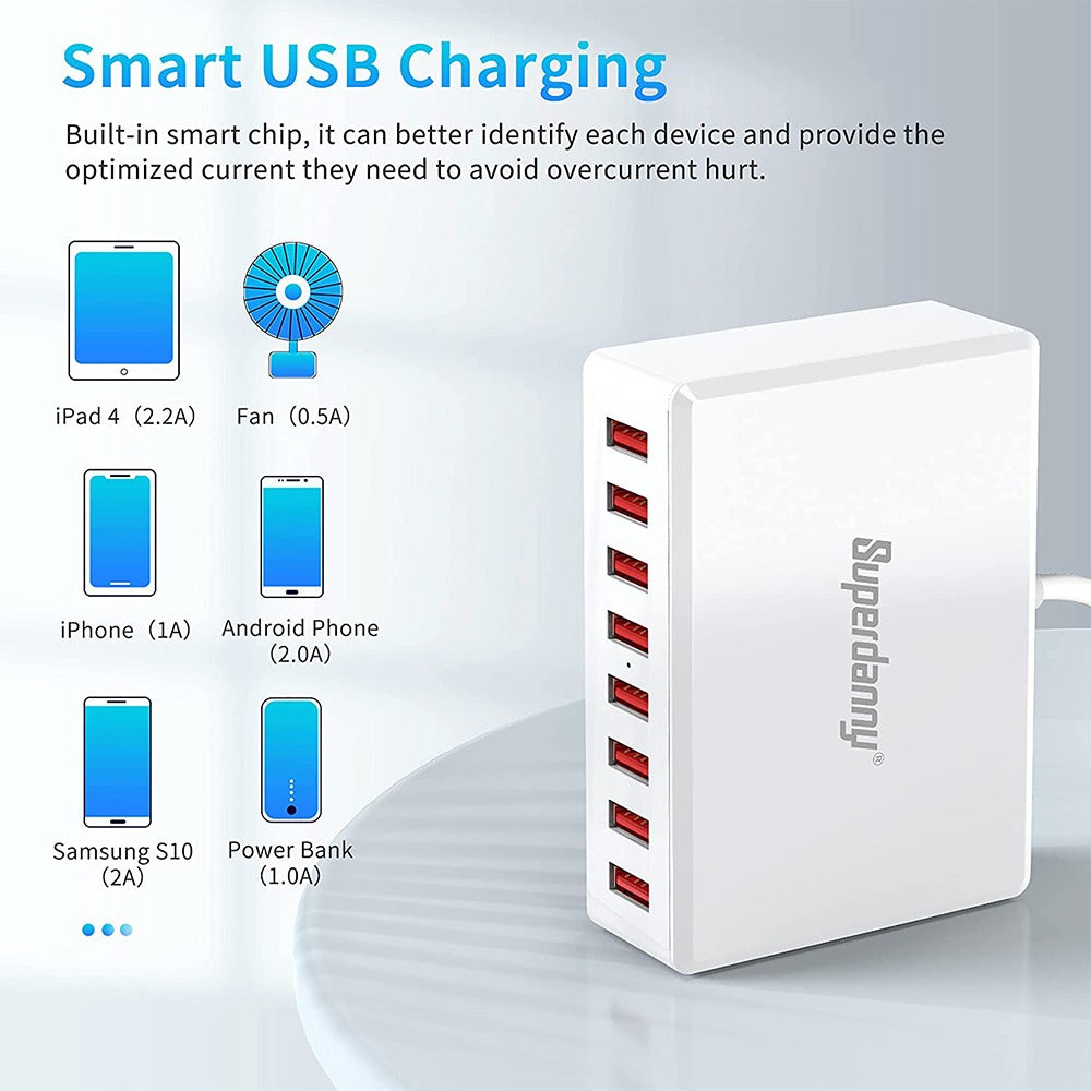 Cargador 8 Puertos USB 40W Carga Rápida WLX-T9 USB 3.0 2.4A - Blanco S0857