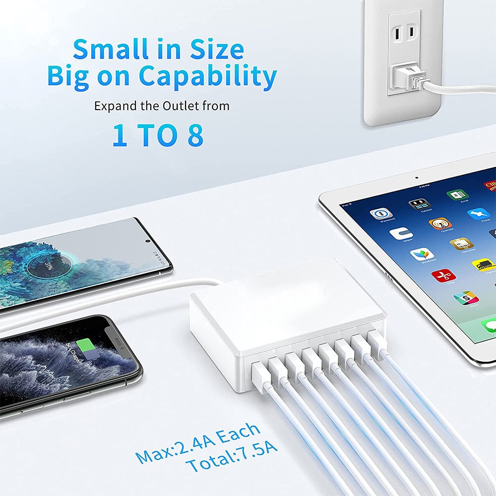 Cargador 8 Puertos USB 40W Carga Rápida WLX-T9 USB 3.0 2.4A - Blanco S0857
