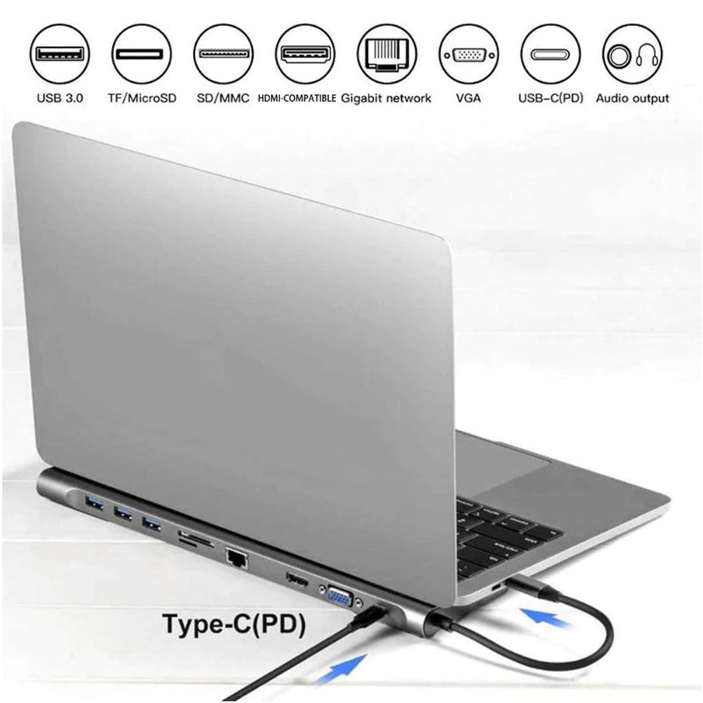 Adaptador Tipo C 10 En 1 Multiport Hub Estacion Lan Hdmi 4k Vga rj45 S0919
