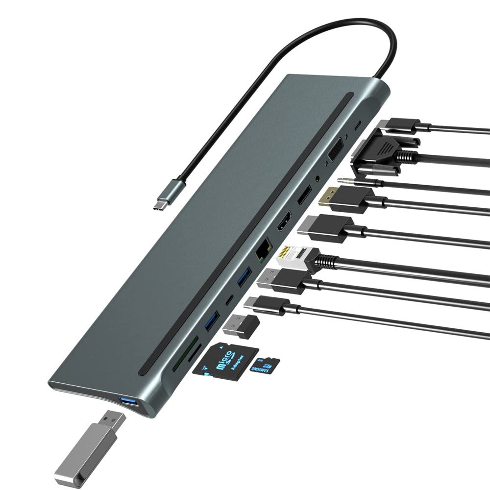 Adaptador Tipo C 12 En 1 Multiport Hub Estacion Lan Hdmi Vga S1038