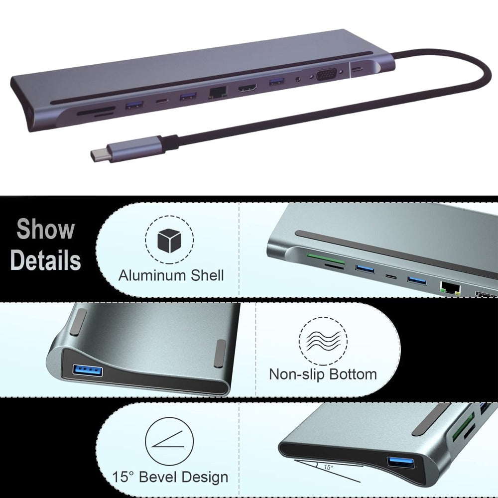 Adaptador Tipo C 12 En 1 Multiport Hub Estacion Lan Hdmi Vga S1038