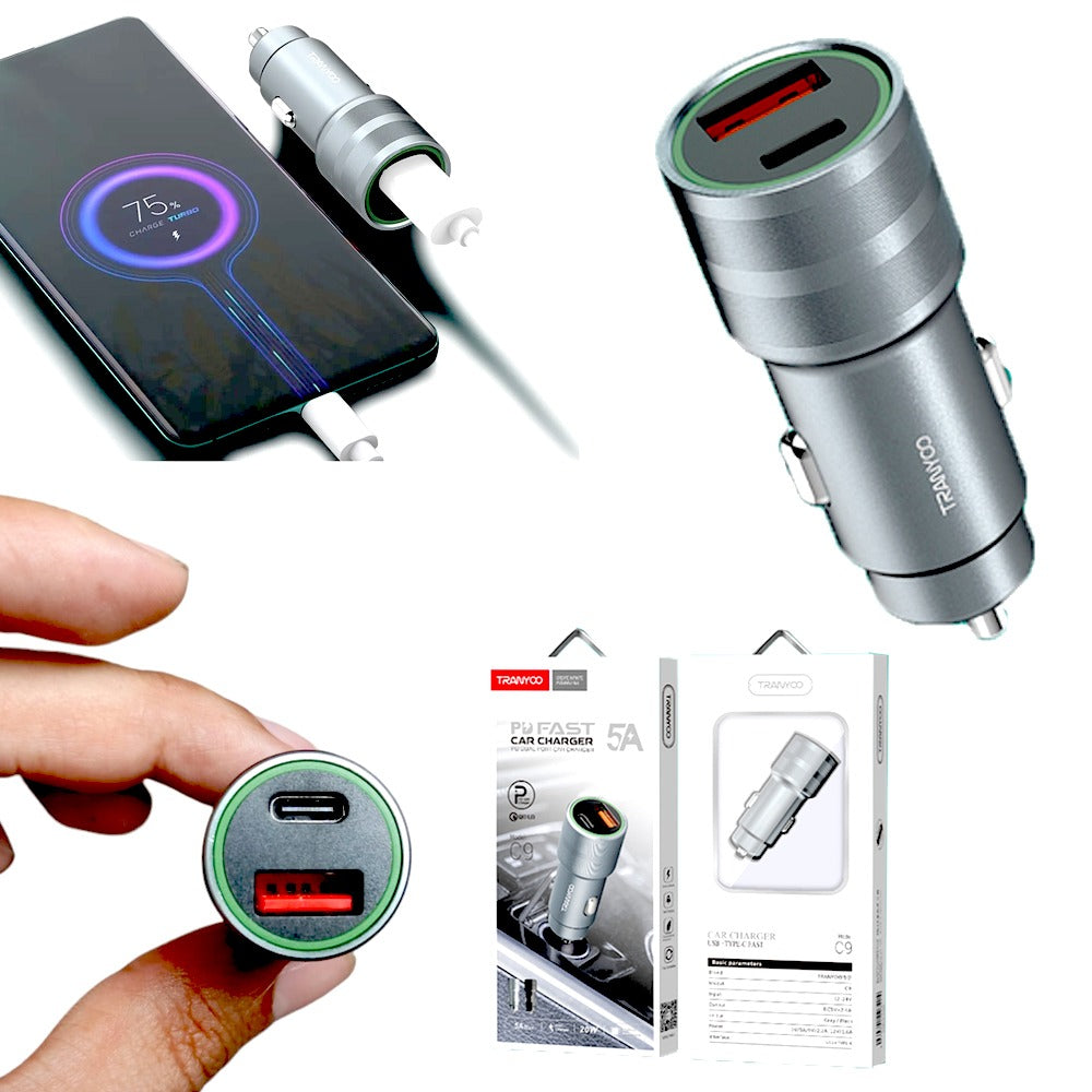 Cargador para Auto 2 en 1 USB y TIPO C Tranyoo C9 18w QC3.0 5A S1064