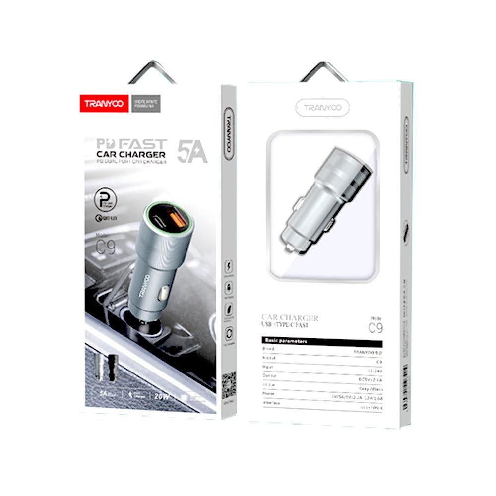 Cargador para Auto 2 en 1 USB y TIPO C Tranyoo C9 18w QC3.0 5A S1064