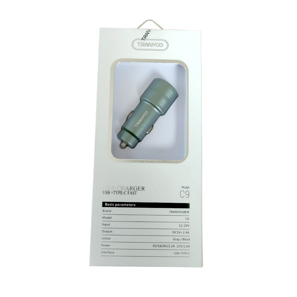Cargador para Auto 2 en 1 USB y TIPO C Tranyoo C9 18w QC3.0 5A S1064