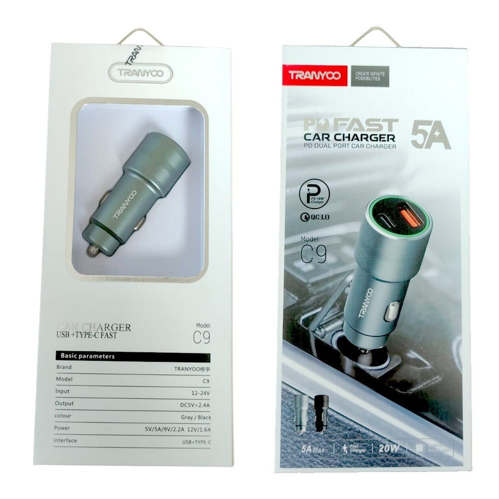 Cargador para Auto 2 en 1 USB y TIPO C Tranyoo C9 18w QC3.0 5A S1064