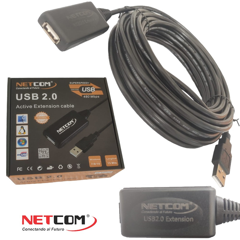 Cable Extensión USB 2.0 Activo Netcom Macho a Hembra 15 Metros S1081