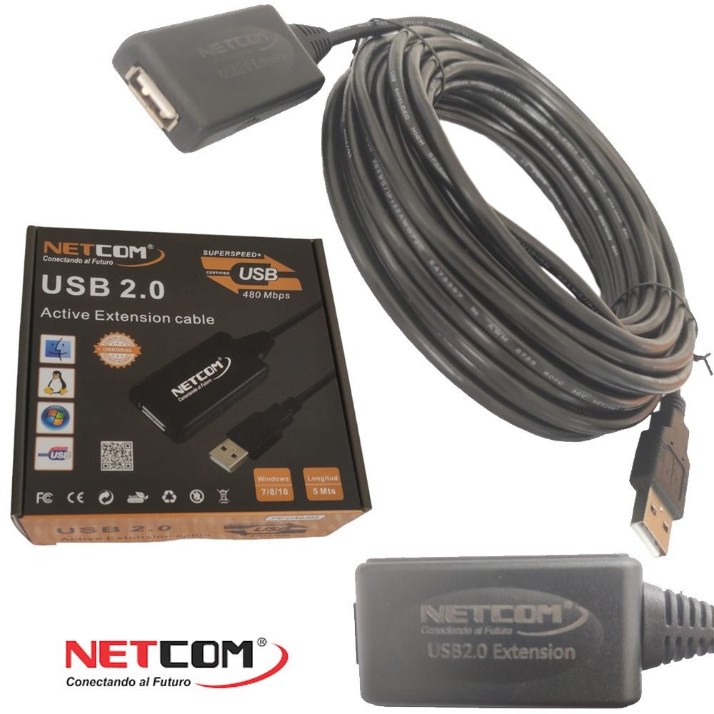 Cable Extensión USB 2.0 Activo Netcom Macho a Hembra 5 Metros S1082
