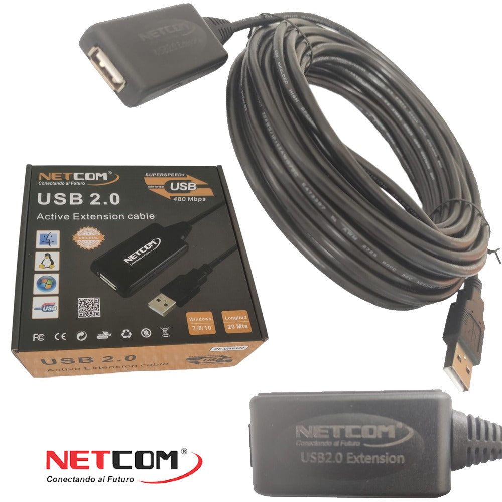 Cable Extensión USB 2.0 Activo Netcom Macho a Hembra 20 Metros S1084