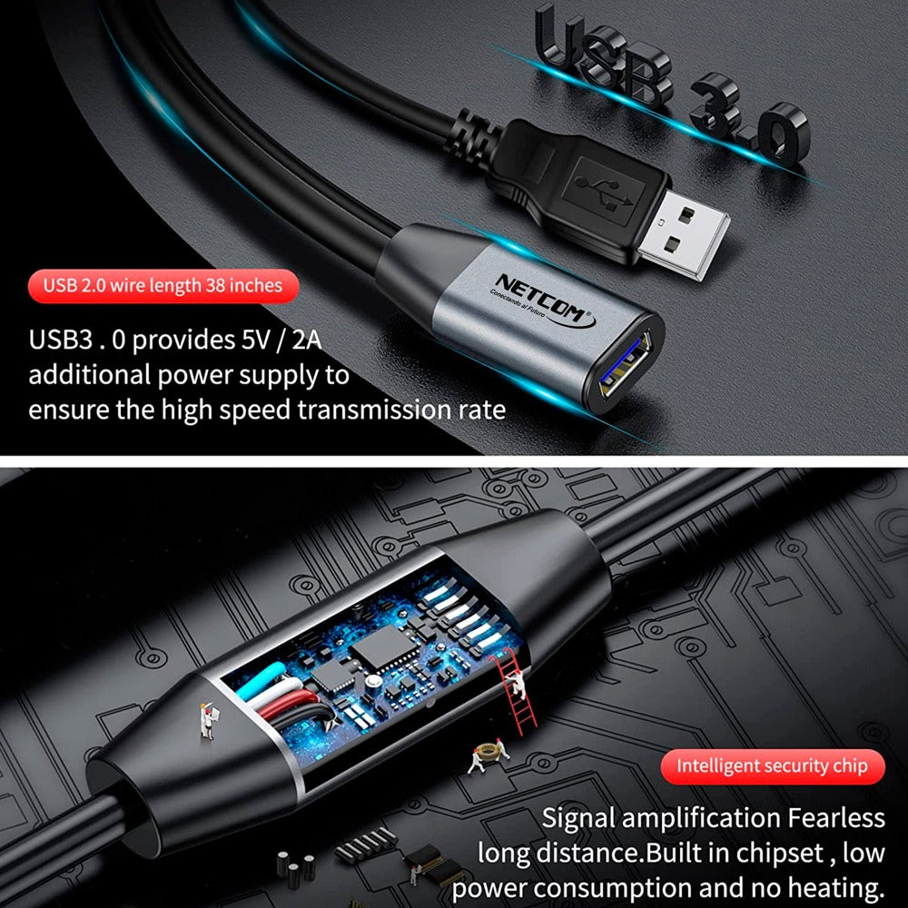 Cable Extensión USB 3.0 Activo Netcom Macho a Hembra 10 Metros S1106