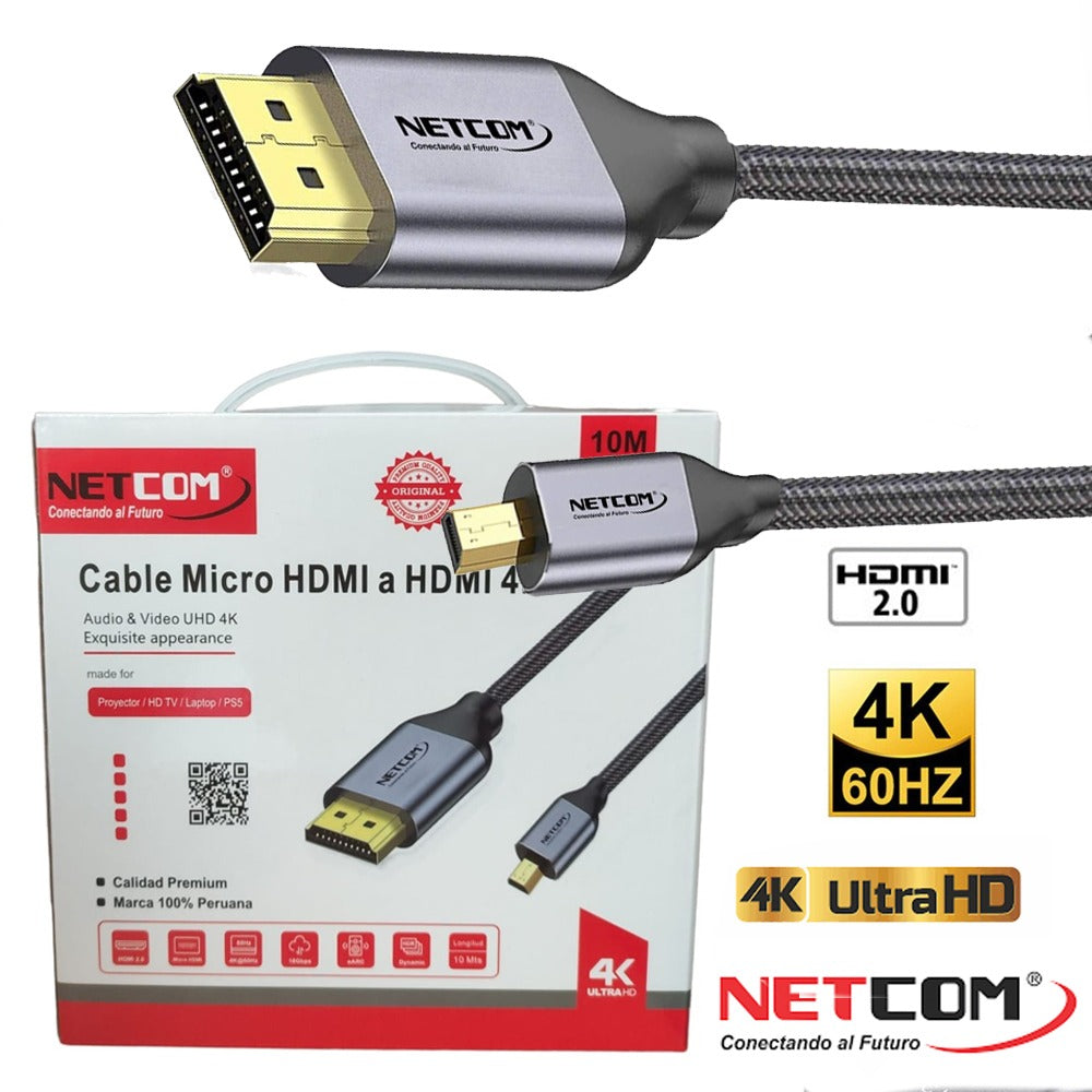 Cable Micro Hdmi a Hdmi 10m NETCOM 2.0 4K 60 Hz Ultra HD S1122