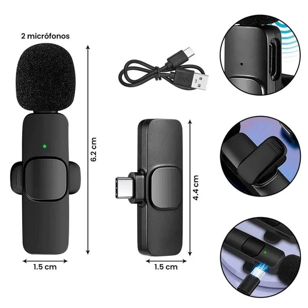 Doble Mini Micrófono Solapa inalámbrico recargable tipo c android S1129