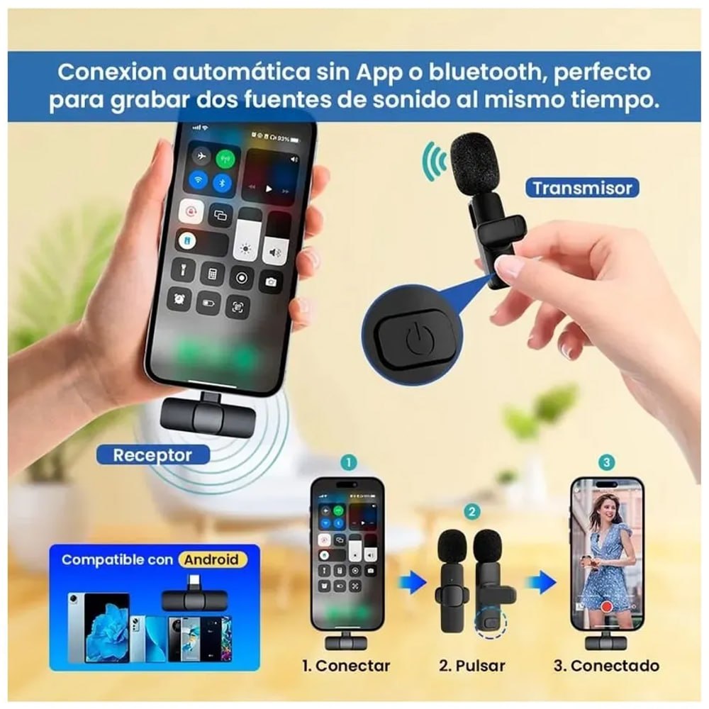 Doble Mini Micrófono Solapa inalámbrico recargable tipo c android S1129