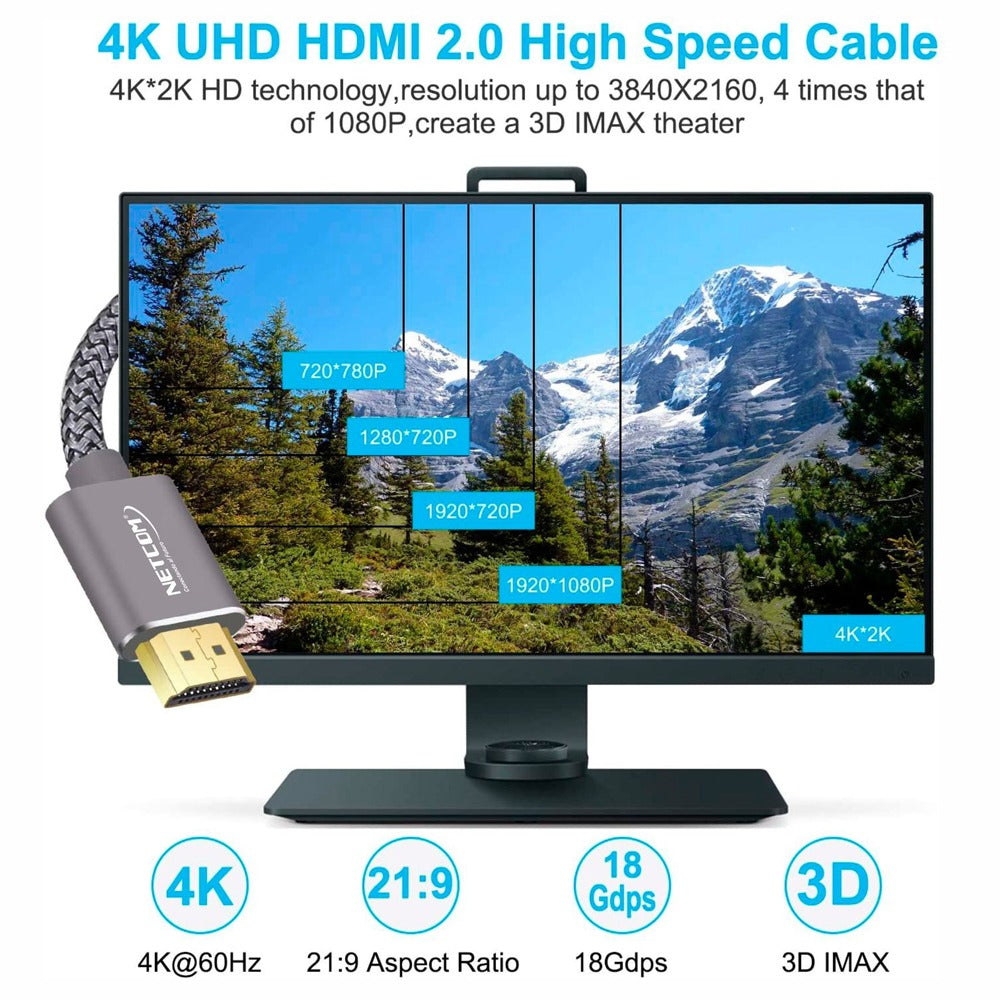 Cable HDMI 2.0 5 Metros NETCOM Ultra HD 3D 4K 60hz 2160P Enmallado S1167