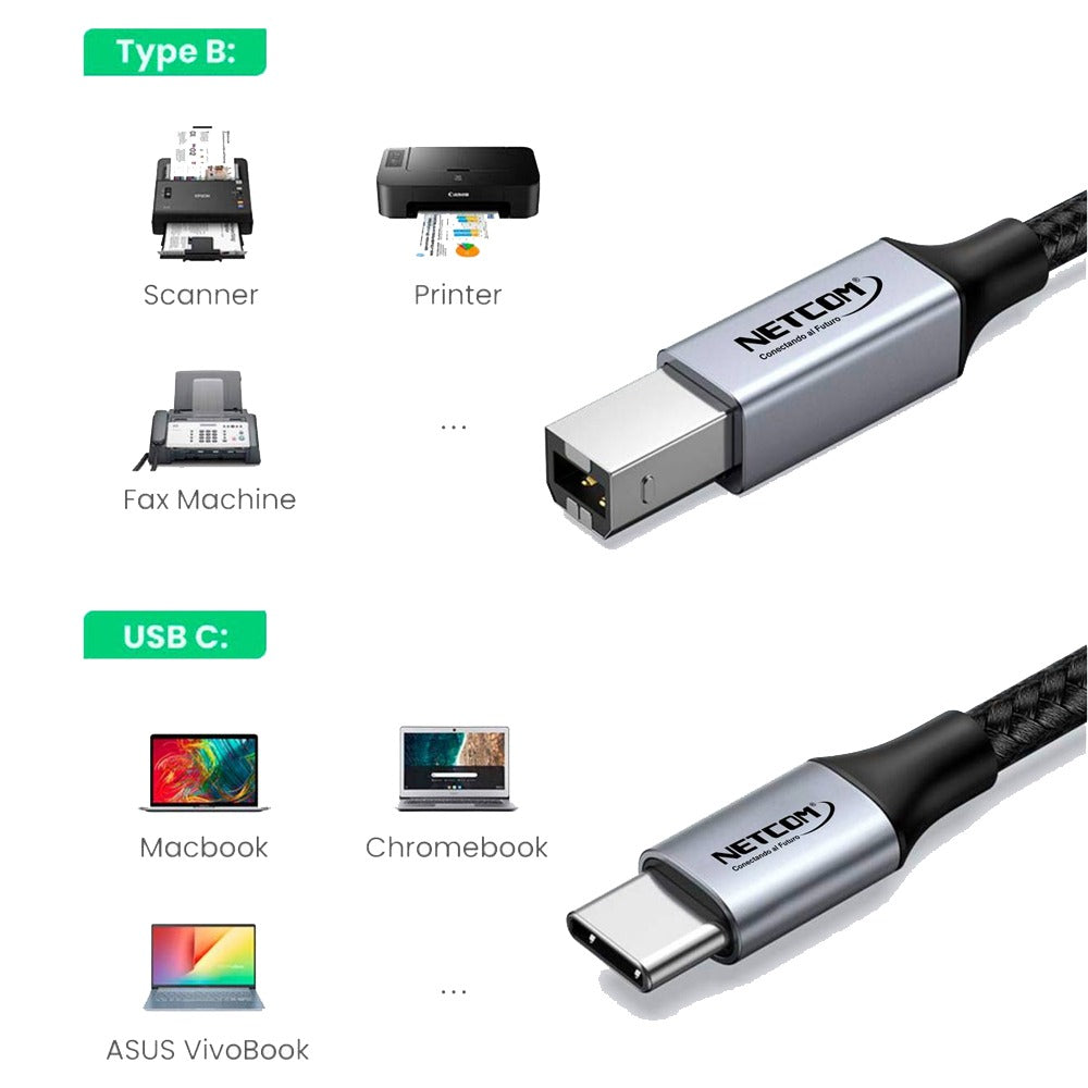 Cable Impresora Tipo C USB 2.0 Tipo B a USB C 1.8 Metros Netcom S1172