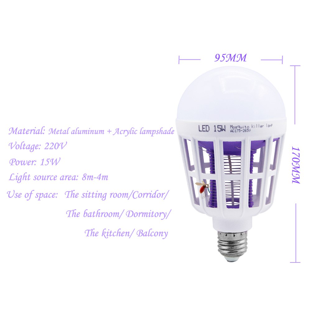Foco mata mosquitos 15W E27 lampara violeta 2 en 1 LED S1373