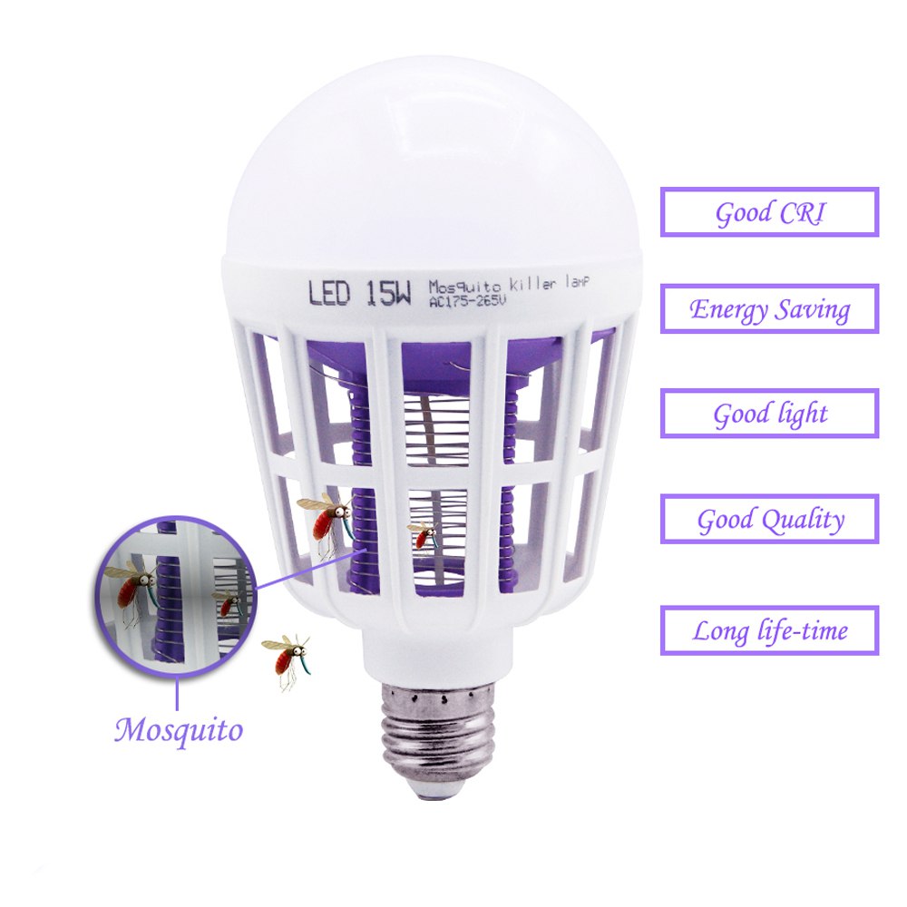 Foco mata mosquitos 15W E27 lampara violeta 2 en 1 LED S1373