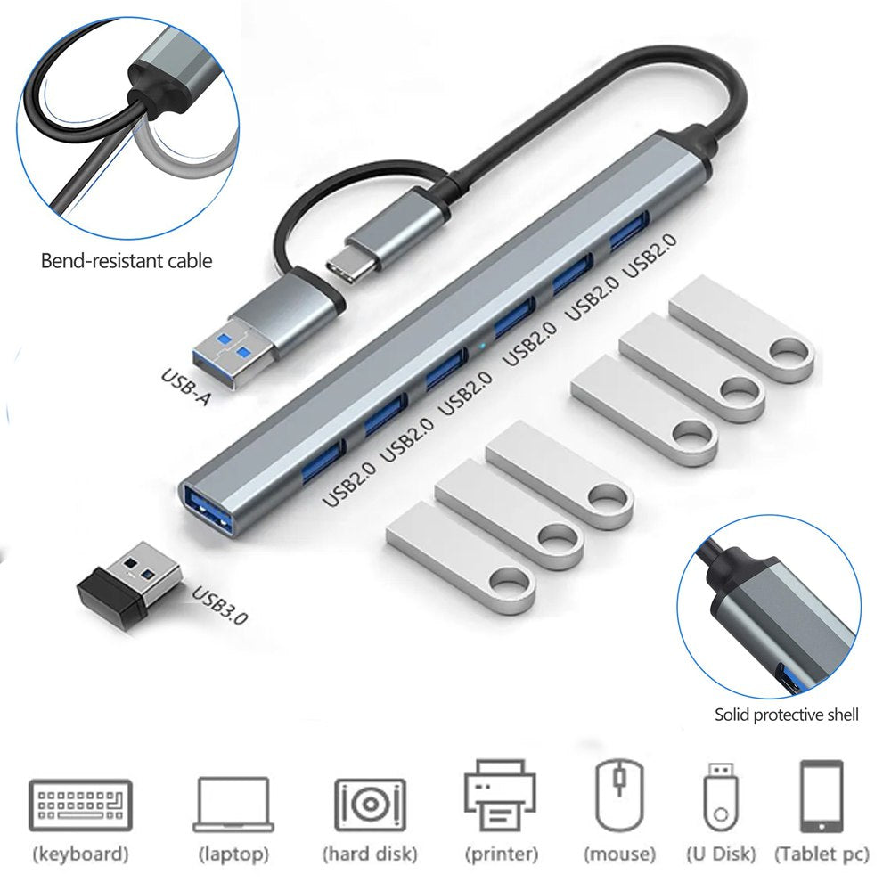 Hub 2 en 1 TIPO C y USB 3.0 6 puertos USB 2.0 y 1 USB 3.0 S1379