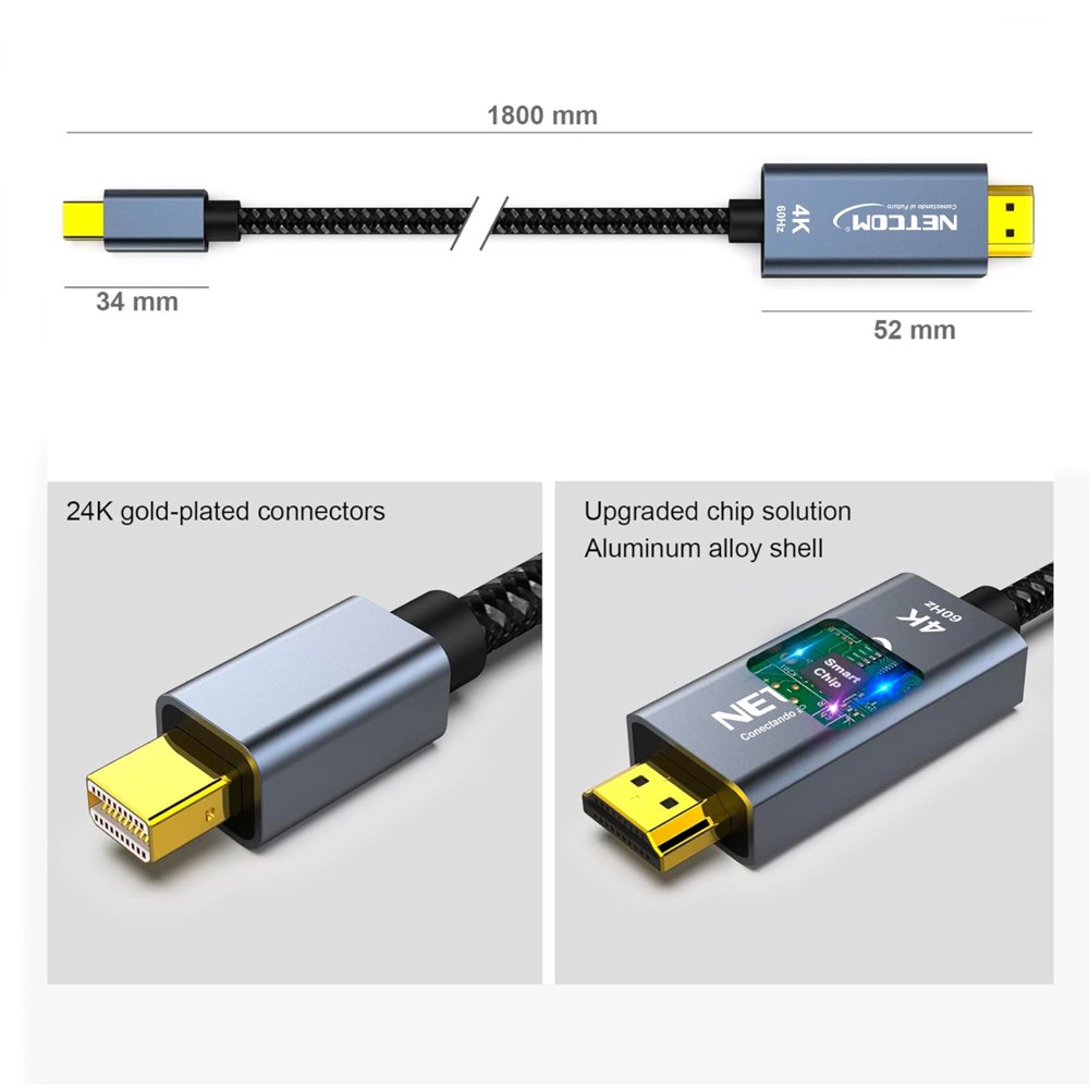 Cable Adaptador Mini DisplayPort a HDMI de 1.80 Metros NETCOM S1402