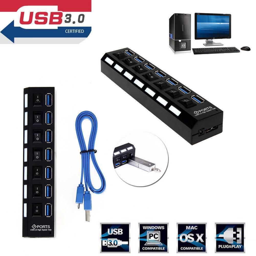 Hub 7 Puertos Independientes 3.0 USB Botón Encendido cada Puerto Negro S14140