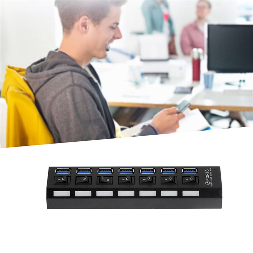 Hub 7 Puertos Independientes 3.0 USB Botón Encendido cada Puerto Negro S14140