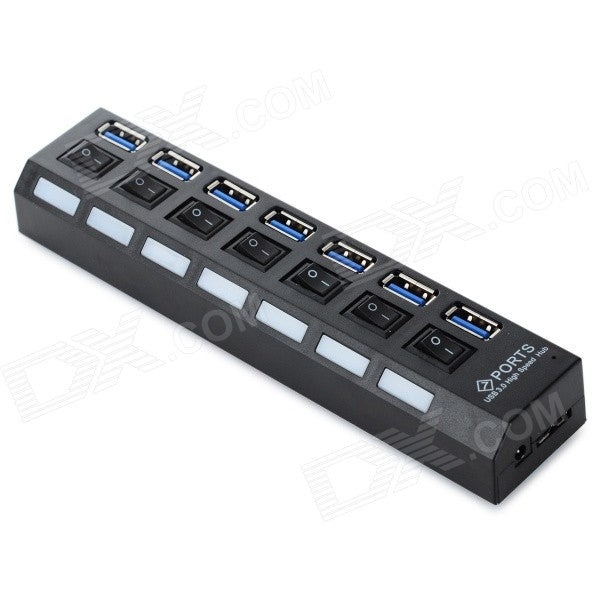 Hub 7 Puertos Independientes 3.0 USB Botón Encendido cada Puerto Negro S14140
