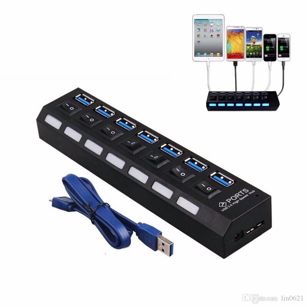 Hub 7 Puertos Independientes 3.0 USB Botón Encendido cada Puerto Negro S14140