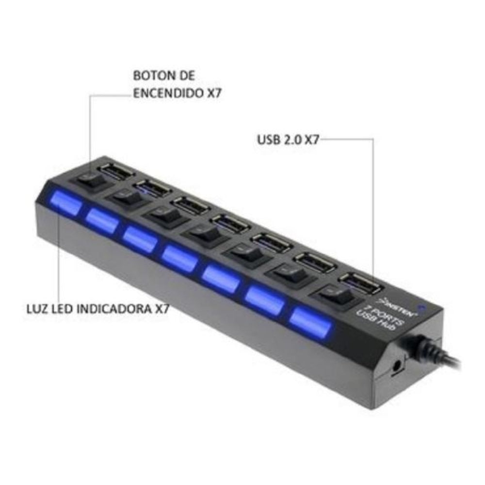Hub 7 Puertos Independientes 3.0 USB Botón Encendido cada Puerto Negro S14140