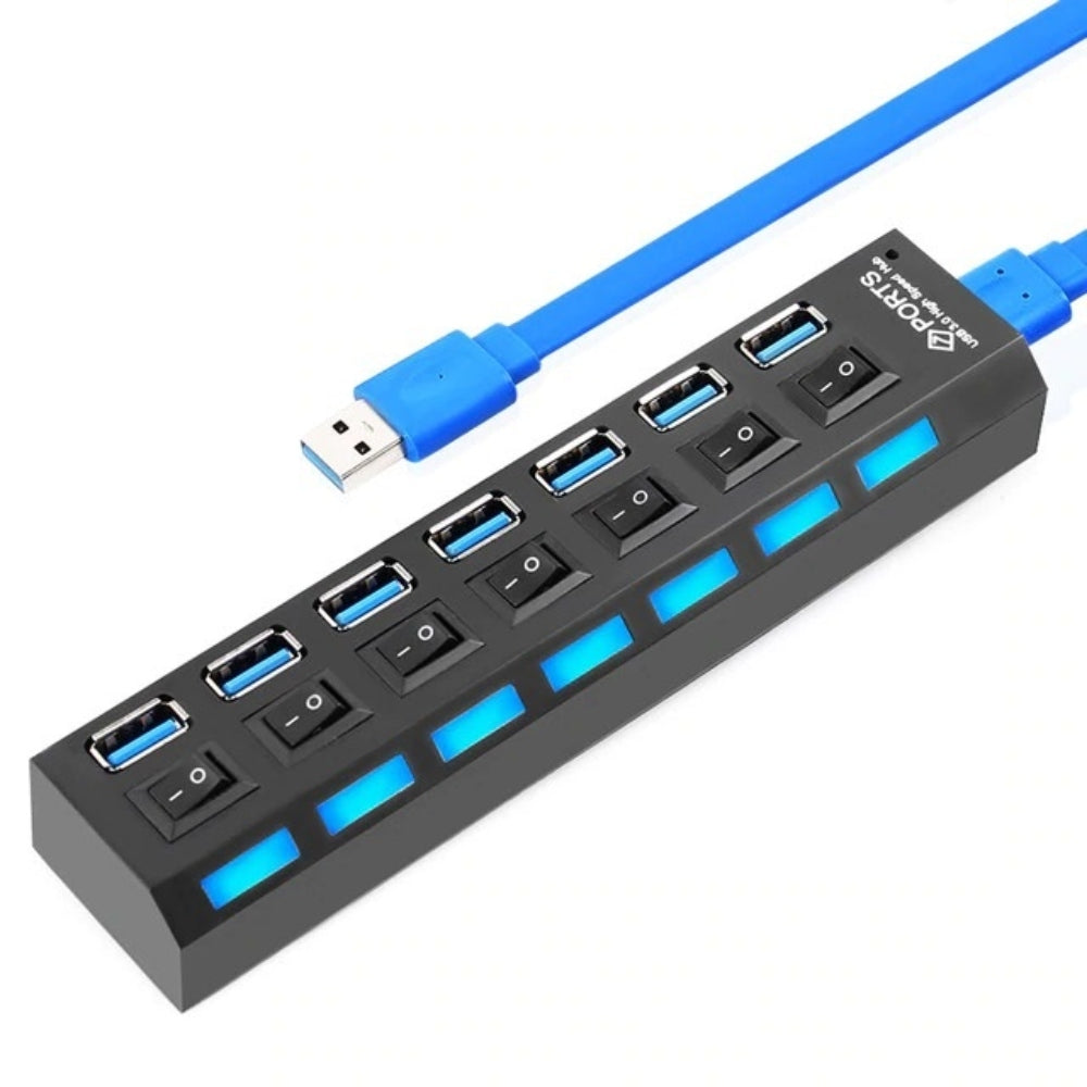 Hub 7 Puertos Independientes 3.0 USB Botón Encendido cada Puerto Negro S14140