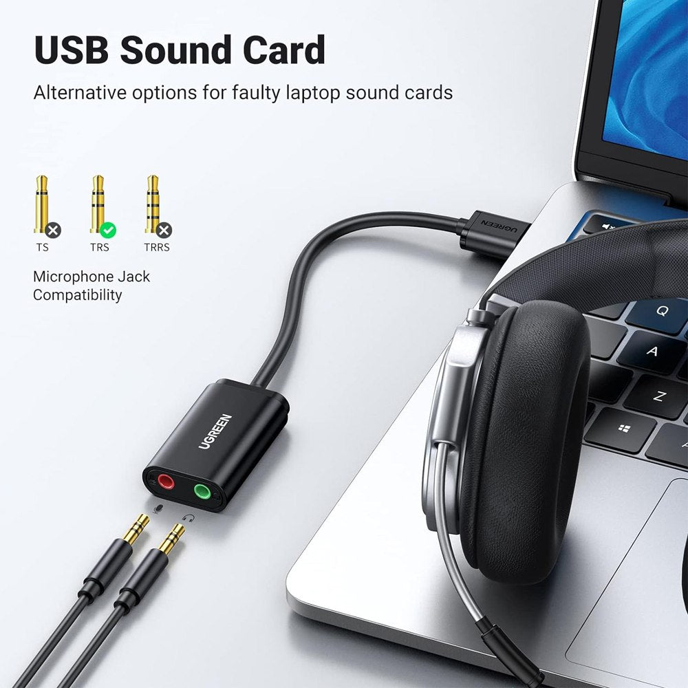 Tarjeta de Sonido Externa USB Micrófono y Audífono UGREEN Adaptador S1451