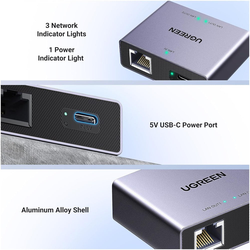 Splitter Ethernet Gigabit UGREEN NW301 | Adaptador RJ45 1 a 2 | 1000 Mbps USB-C S1521