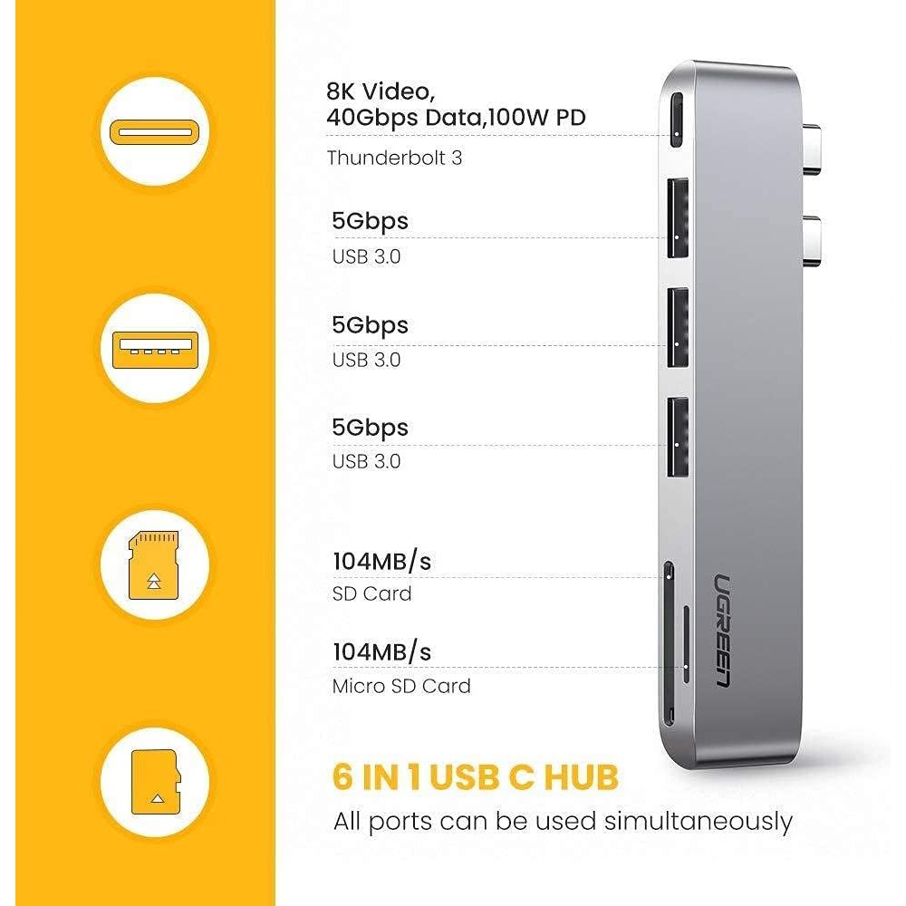 Hub 6 en 2 Dual USB-C a 3 USB 3.0 + Lector Tarjetas SD TF 5Gbps S1541