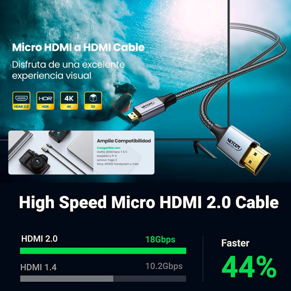 Cable Micro Hdmi a Hdmi 3 Metros NETCOM 2.0 4K 60 Hz ULTRA HD eARC S1550