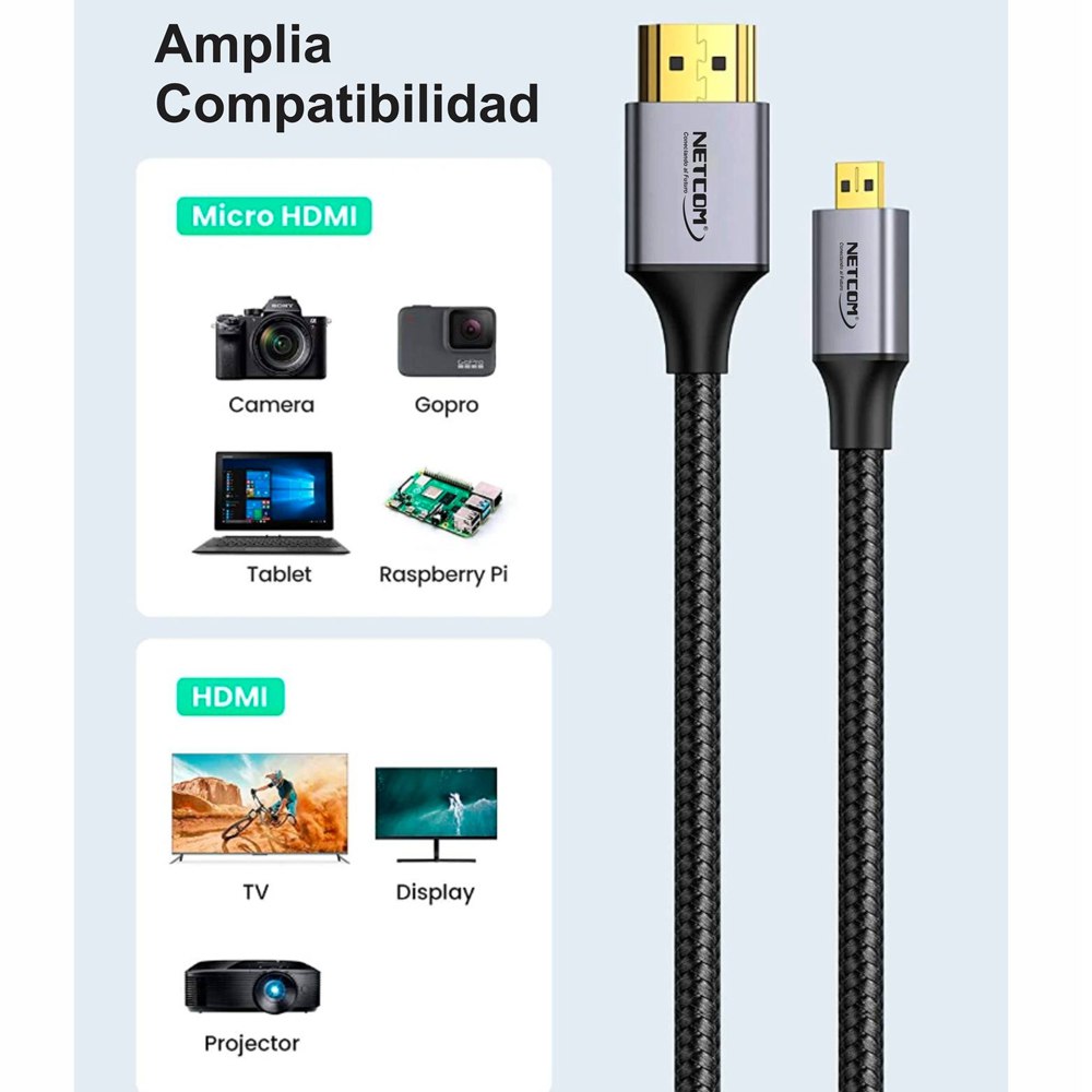 Cable Micro Hdmi a Hdmi 3 Metros NETCOM 2.0 4K 60 Hz ULTRA HD eARC S1550