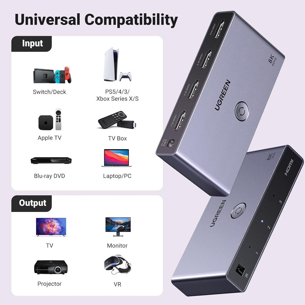 Hdmi Switch 8k 3 x1 UGREEN control remoto 3D Multiplicador HDR 8k 60hz S1552
