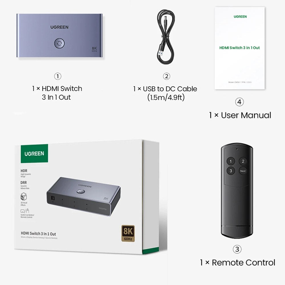 Hdmi Switch 8k 3 x1 UGREEN control remoto 3D Multiplicador HDR 8k 60hz S1552