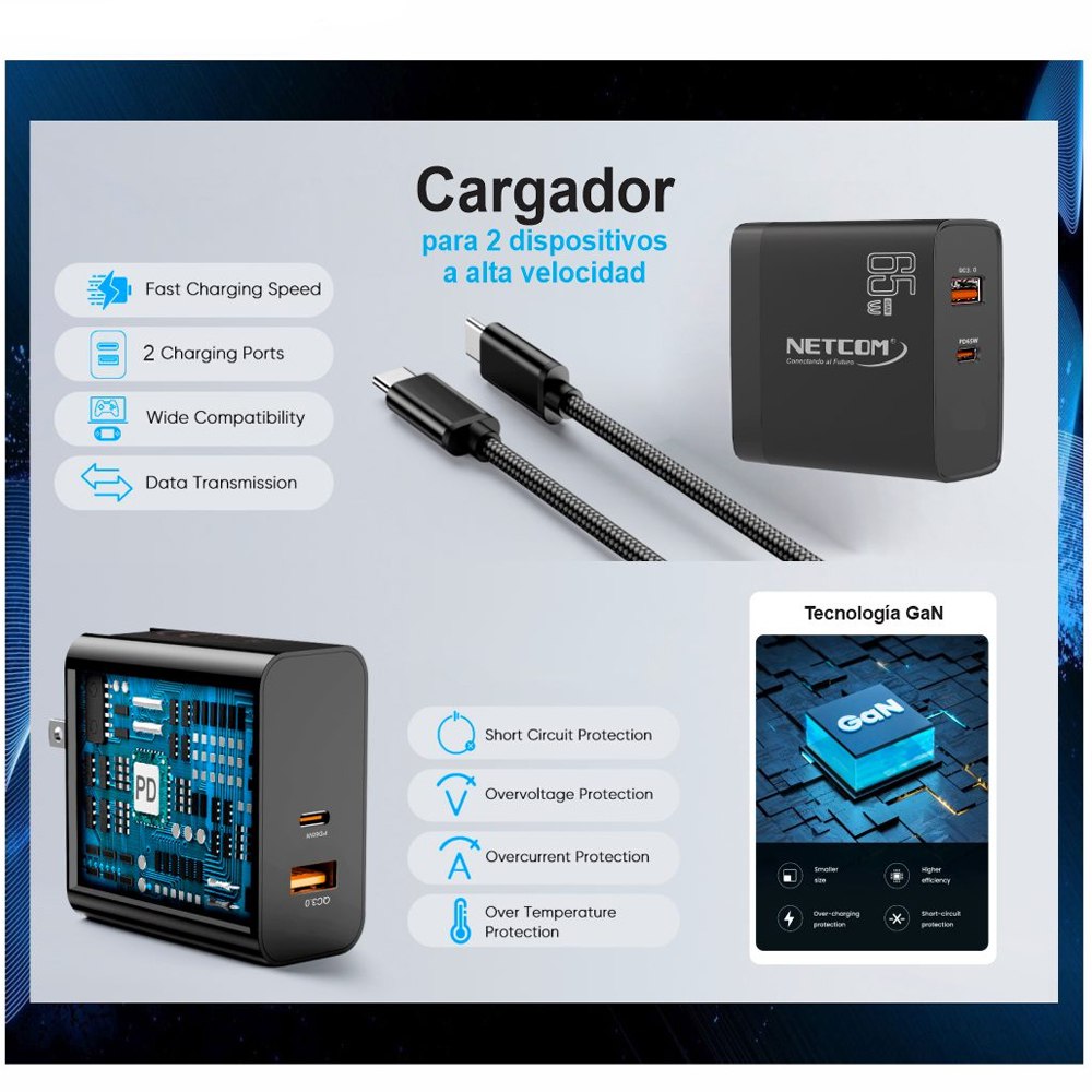 Cargador de Pared CARGA RAPIDA PD65W QC3.0 Usb 3.0 Tipo C NETCOM S1553