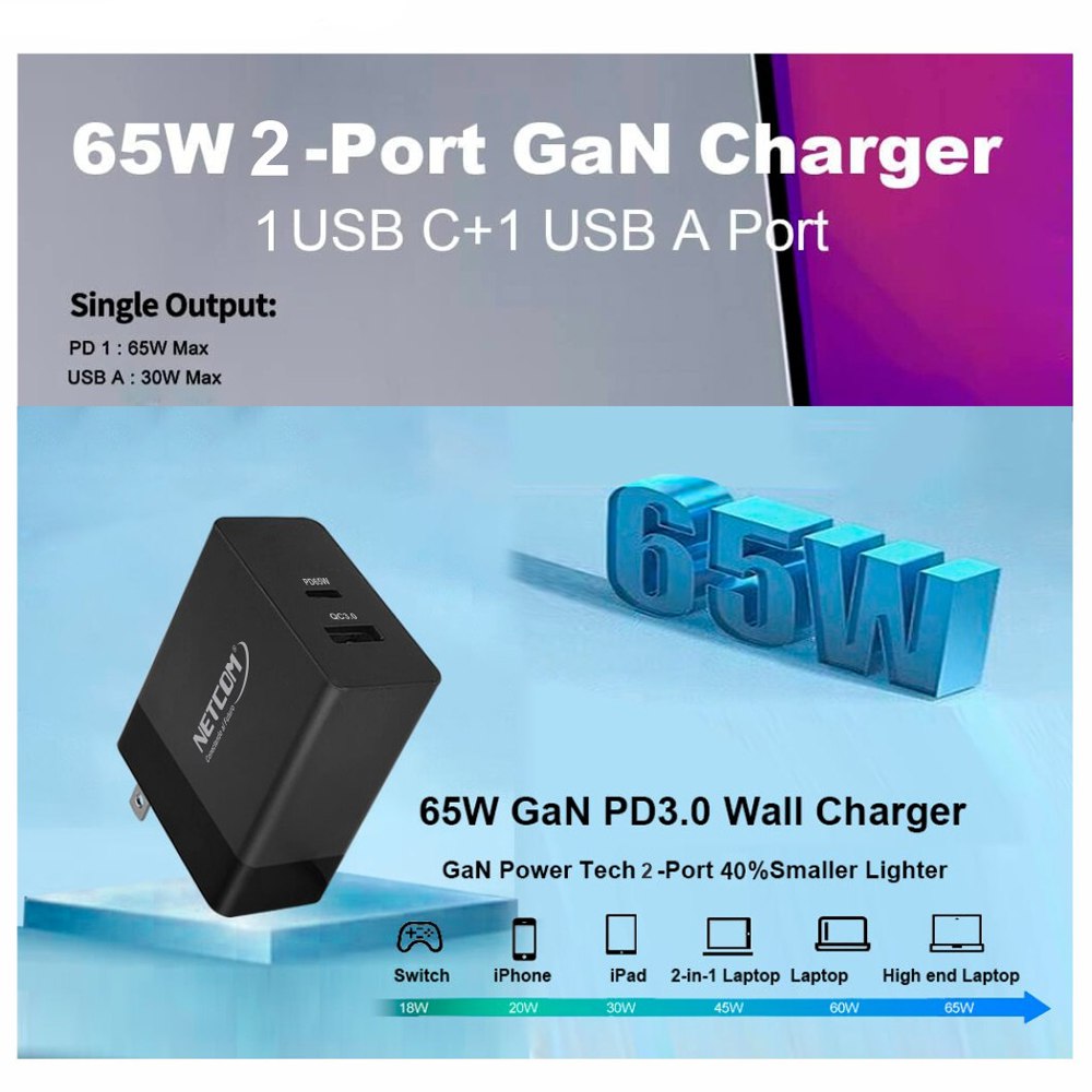 Cargador de Pared CARGA RAPIDA PD65W QC3.0 Usb 3.0 Tipo C NETCOM S1553